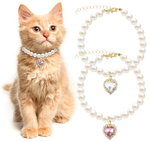 Tyqour 2pcs Cute Girl Cat Collar, Pearl Cat Dog Collar with Small Heart Shape Rhinestone for Small Dogs and Cats Adjustable Fancy Dog Pearl Necklace Collars, Pink Heart + White Heart