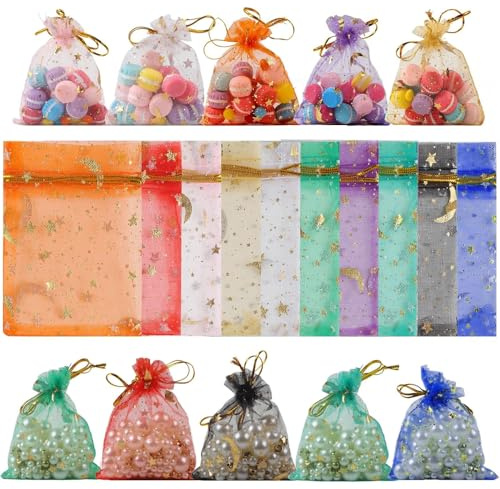 Megcdtr 100 st organzapåsar 9 x 12 cm, organzapåsar 10 färger, smyckespåsar, lavendelpåsar, presentpåsar, organza för bröllop, födelsedag, jul, alla hjärtans dag