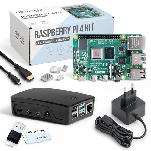 db-tronic Raspberry Pi 4 8GB Starter Kit | Edition 64GB Black | Strömförsörjning 15W | Hölje | Kylflänsset | Micro HDMI 4K | USB-kortläsare | Perfekt för Home Assistant, Smart Home & Retro Gaming