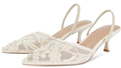 MAIJED Embroidered Kitten Heels for Women Pointed Toe Mesh Floral Slingback Heeled Sandals With Pearl Slip On Backless Bridal Wedding Sandals Shoes White US7.5
