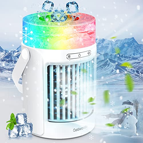 Portable Air Cooler, Evaporative Air Cooler, 3-in-1 Portable Air Conditioner, Mini Air Conditioner with 3 Fan Speeds, 7 Colour Lights, 600ML Water Tank, Air Coolers for Home, Room, Office, Camping