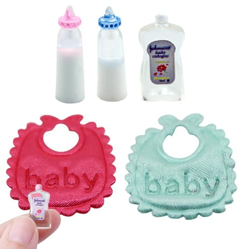 Set di alimentazione per bambole giocattolo 1 set mini accessori per bambole per baby con bottiglie, bavaglini, mini shampoo, 1:12 Scala Accessori per case a realistiche per la scuola matern