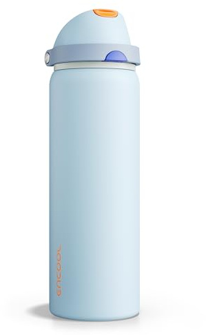 ENCOOL Insulated Water Bottle with Straw Stainless Steel Water Bottle with Push Button Lid, Leak-Proof & BPA-Free, Keeps Cold for 24 Hours for Sports, Travel, Gym (32 oz, Hazy Blue-Blue)