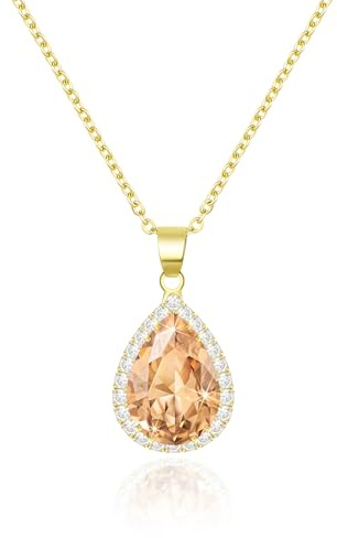 Linawe Goldkette Damen Kette Gold Anhänger Halsketten für Frauen, Fossil Geburtsstein Edelstein Diamant Champagner Topas Collier Modeschmuck, Trachtenkette Jewelry Modeschmuck Brautschmuck