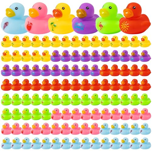 Haooryx Summer Mini Rubber Ducks - 60Pcs Hello Summer Ducky Squeak Bathtub Float Bath Toy Novelty Squeak Duck for Kids Holiday Party Decor Classroom Reward Birthday Gift Baby Shower Party Favor Supply