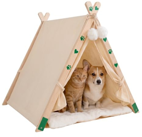 Cama Tipi para Gatos y Perros Pequeños - Cueva de Madera Maciza, Algodón y Lino Transpirable, Caseta Iglú de Interior para Mascotas, Cachorros, Cuna de Viaje Plegable y Portátil con Cojín Lavable