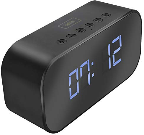 setty, Mirror Clock Radiowecker mit Bluetooth-Lautsprecher, Laufzeit 5 Stunden in Verbindung mit Kontrolltasten, AUX-Eingang + Micro-SD-Player, Spiegel-Design, LED-Anzeige, Schwarz