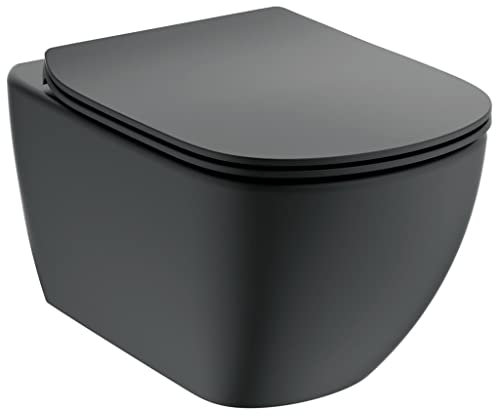 Ideal Standard TESI Pack WC suspendu sans bride, Abattant Déclipsable Ultrafin, Frein de Chute, Chasse d’eau technologie Aquablade, Noir mat T3546V3