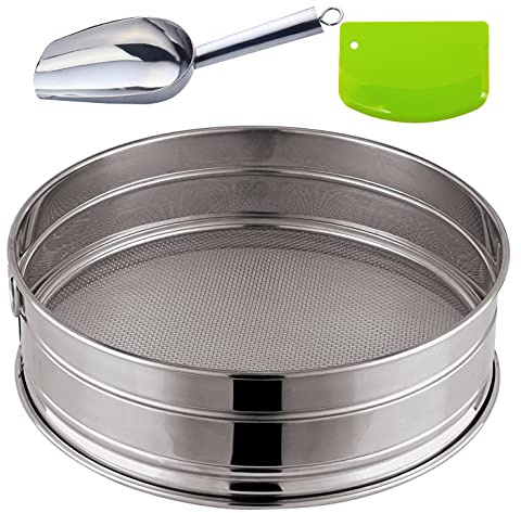 Round Stainless Steel Flour Sieve, Polished Fine Mesh Sifters Strainer Powdered Filter Mesh Home Shake Sieve with Brush, Dough Scraper, Spoon for Chefs, 30cm,80 Mesh
