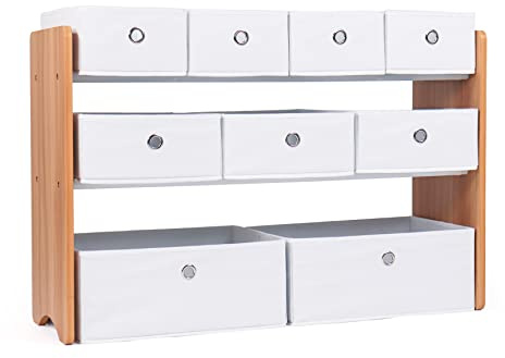 Humble Crew Large Toy Storage Organiser for Children & Toddlers with 9 Collapsible Fabric Storage Bins, Ideal for Storing Toys, Games, Books and Craft Supplies - Natural Wood/White