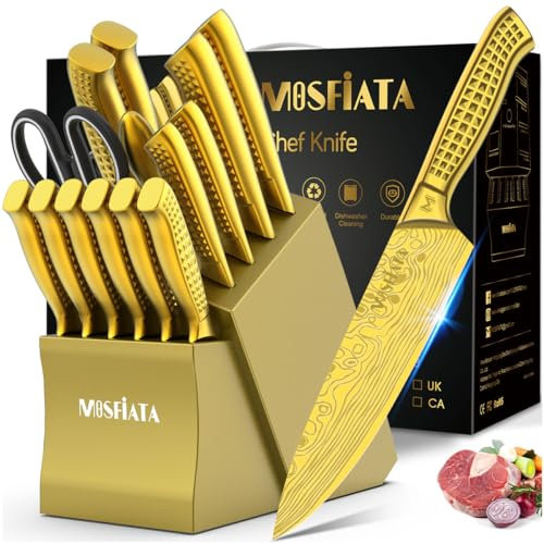 MOSFiATA Bloc à couteaux, set de 17 couteaux de cuisine tranchants en acier inoxydable et ciseaux, set de couteaux de chef professionnels, avec protection des doigts et boîtes cadeaux