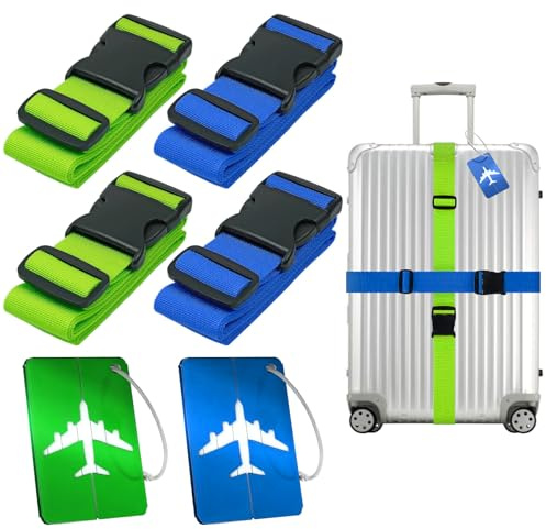 PUWOWYE 4 Pièces Sangle Valise Voyage, Ceinture Réglable, Sangles à Bagage Bleu et Vert avec Etiquette Valise