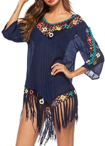 Jinsha Dam baddräkt med virkad strandkjol, bikinitopp stickad poncho sommar kamouflage bikini, 1851 blå, M
