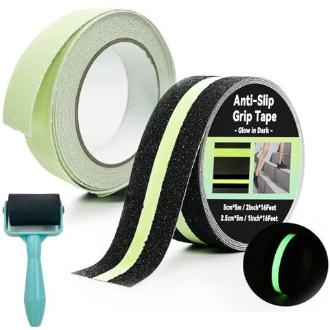 Daily Treasures 2 Pack Antirutsch Klebeband Leuchtet Im Dunkeln - 5CM×5M Anti Rutsch & 2.5CM×5M Fluoreszierendes Band - PET Leuchtband Selbstklebend für Innen und Außen