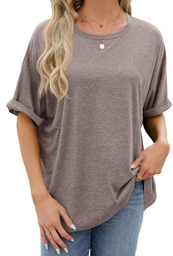 Famulily Oversized T Shirt for Women, Crew Neck Rolled Short Sleeve Summer Loose Tee Shirts Tunic Tops