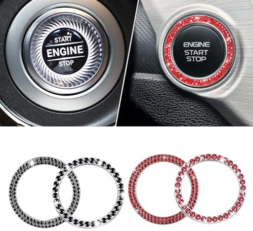 MisFun 4 Pezzi Accessori Auto Interno, Anello Adesivo Con Strass Per Auto, Auto Motor Start Stop Button Ring, Avviatore Di Accensione E Anello Per Manopola, Accessori Auto Donna (Nero Rosso)