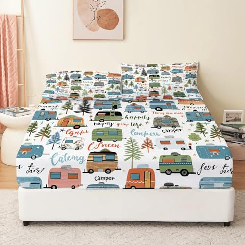 Weiches Atmungsaktives Spannbetttuch Clipart Wohnwagen und Bäume 90 x 200 cm Mehrfarbig Bettwäsche-Sets für Kinder 100% Mikrofaser Spannbetttuch für Matratze bis 30 cm Hohe