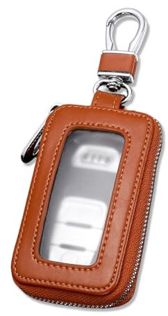 TPZORJX 1 Pezzi Custodia in pelle per chiave dell'auto- con gancio in metallo e cerniera, con finestra trasparente,per Telecomando per Auto(marrone)