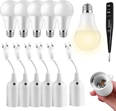 Set di 6 portalampada E27 e 6 lampadine LED E27: portalampada E27 con cavo con tester di tensione, lampadina LED E27 15W bianco caldo, portalampada E27 da cantiere per ristrutturazione lampada da