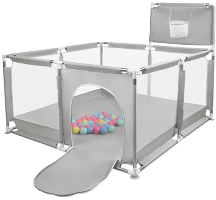 Parque infantil, gran parque infantil, actividad infantil, con bala, modular, plegable, con puerta con cremallera, con 4 ventosas, 126 x 126 x 66 cm, gris claro