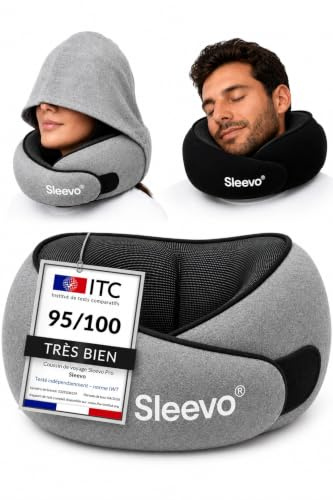Sleevo Pro Nackenkissen mit Kapuze & Memory Foam – Ergonomisches Reisekissen für Flugzeug, Zug & Auto – Nackenhörnchen mit Sichtschutz, Waschbar inkl. Tasche – Grau (L)