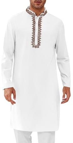 Runcati Mens Kaftan Thobe Cotton Henley Shirt Long Sleeve Embroidery Robe Casual Kurta Muslim Gown Shirt White