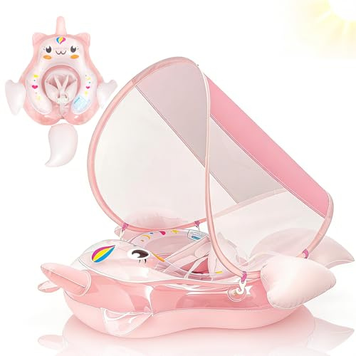 Galleggiante gonfiabile per neonati, 10-24 mesi, con unicorno rosa, anello galleggiante per piscina con tettuccio parasole, coda anti-scivolo, anello da nuoto per bambini e bambine