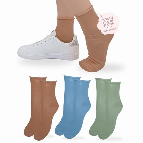LEON D'ORO Calzini SENZA ELASTICO Donna COTONE LEGGERO Calze Donna FILO DI SCOZIA Made in Italy