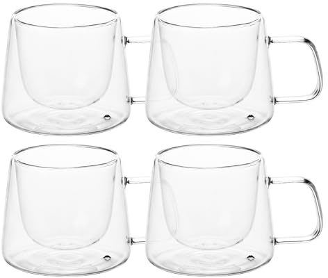 Porfoyo Uppsättning om 4 dubbelväggiga kaffeglas på 200 ml, termoglas med dubbla väggar, kaffeglas med handtag, isolerade kaffemuggar för kaffe, te, cappuccino