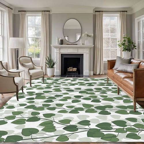 Rectangle Area Rug 9x12ft, Spring Plants Ivy Soft Washable Non-Slip Living Room Rug, Green Heartleaf Philodendron Non-Shedding Bedroom Carpet for Home Dining Room