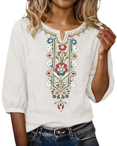 Camicia Lino Donna Estive Elegante Camicetta Manica 3/4 Curvy Scollo a V Ricamo Etnico Boho Camicie Casual Allentate Blusa Top Traspirante Camicette da Lavoro Magliette di Base Leggera e Comoda