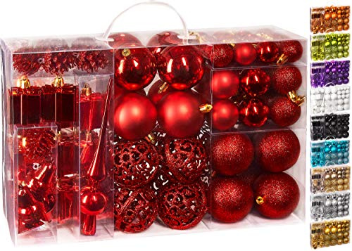 BRUBAKER 101-teiliges Set Weihnachtskugeln mit Baumspitze Rot Christbaumschmuck