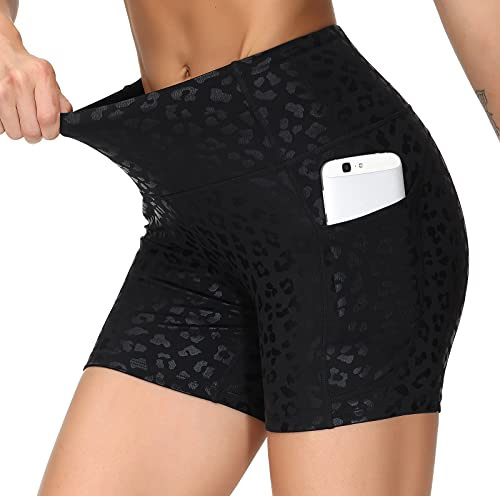 THE GYM PEOPLE High Waist Yoga Shorts for Women Tummy Control Fitness Athletic Workout Running Shorts with Deep Pockets (Medium, Black)