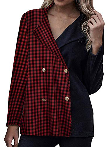 Minetom Femme Blazer Carreaux Manches Longues OL Bureau Affaires Veste De Costume Devant Ouvert Bouton Manteau Cardigan Blouson Jacket Carreaux Blouse Blazer E Rouge XS