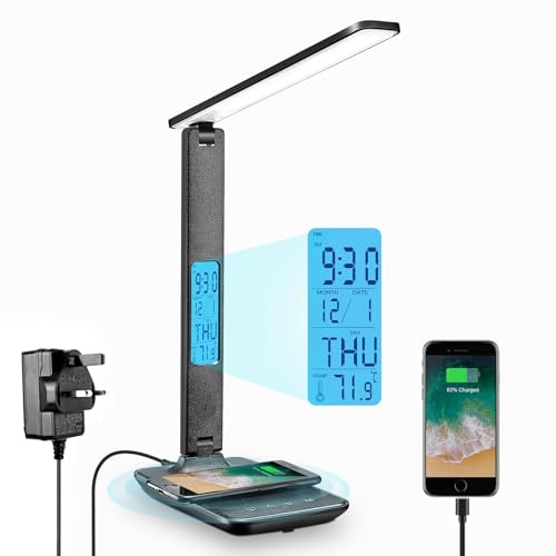 LAOPAO Desk Lamp with Wireless Charging & Phone Holder, Alarm Clock & Time | 5 Brightness & 3 Colour, Calendar Temperature LCD Screen Display, Eye-caring Design, for Home Office Study Reading Use
