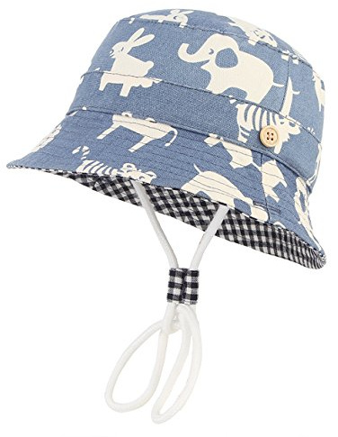 GEMVIE-Cappello da Pescatore Blu Bambini 3 Mesi- 8 Anni Stampa Modello Animali Azzurro Cappello da Sole Anti-UV Pieghevole in Cotone Berretto (Circonferenza della Testa 51-53 cm)
