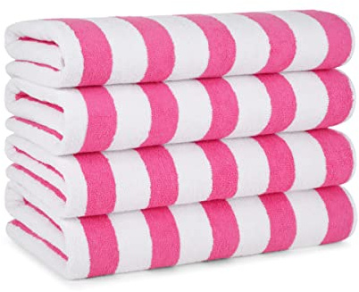 Arkwright Cali Cabana Stripe Beach Towel - Pack of 4, Soft Quick Dry 100% Cotton Terry Towels Set for Pool, Swim, and Hot Tub, 30 x 60 in, Pink