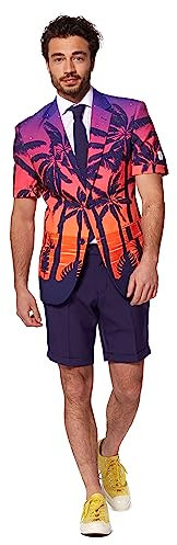 OppoSuits Sommeranzug für Herren - Sunset Palm Beach Outfit - schmale Passform - Inklusive Kurzarm-Blazer, Shorts und Krawatte - Größe US 38