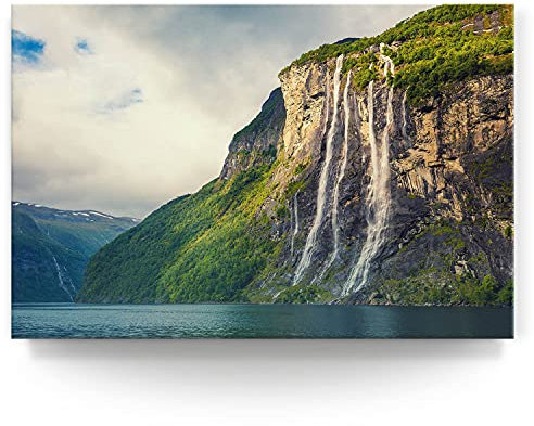 BilderKing Wandbild Wasserfall Norwegen - 120cm x 80cm Leinwand auf Fertigrahmen + Aufhänger