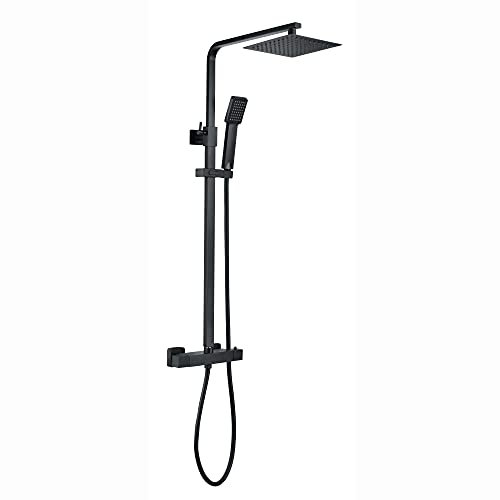 ENKI ENZO SH0214 Matt Black Thermostatic Mixer with 200mm Ultra Slim Overhead Rain Shower and Handheld Square Head - 10-Year Guarantee