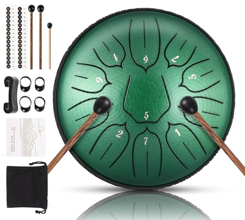 Harmuhos Rain Drum for Outside, 6 Inch 11 Notes D Major Steel Tongue Drum, Steel Drum Percussion Instrument for Yoga, Meditation & Music Education with Music Book, Mallets, Carry Bag & Finger Picks
