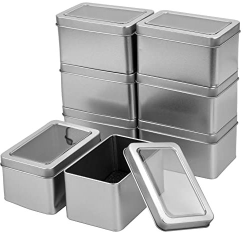 wangjiangda Rechteckige Metalldosen, 8 Stück Leere Quadratische Silber Metalldosen mit Klarem Fenster, Metall Aufbewahrungsbox Mit Deckel Klein Silber, Mini Metal Box, Leere Scharnierdosen Behälter