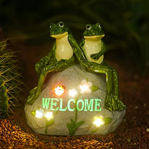 Yeomoo Frosch Liebhaber Figuren Gartendeko Solar für Draußen - Frosch Deko mit Blumen LED Lichterkette asuf einem Stein sitzend Garten Zimmer Dekoration Geschenke für Frauen/Männer Liebhaber 20.5CM