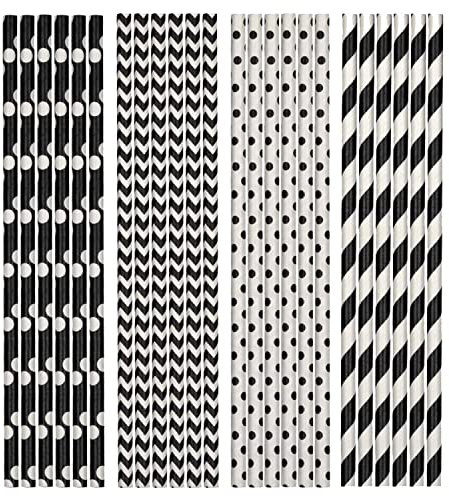 Papierstrohhalme Trinkhalm, Biodegradable Paper Straws, Cocktail Kreative Dekoration Strohhalme, Wiederverwendbar, für Hochzeit, Geburtstag, Cocktail (Schwarz Weiß,200 Stück)