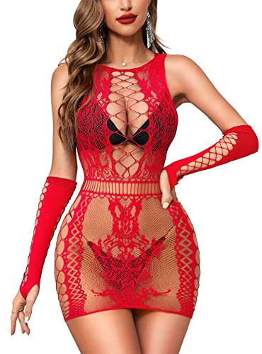 RSLOVE Conjunto de lencería sexy para mujer, conjunto de red con guantes, bodystocking, babydoll, rosso, talla única