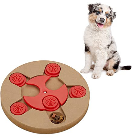 Relaxdays Intelligenzspielzeug für Hunde, Leckerli verstecken, interaktives Hundespielzeug Intelligenz, MDF, natur/rot