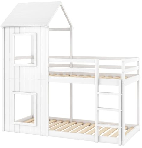 Azkoeesy Letto a castello 90 x 200 cm, Letto per 2 bambini a forma di casa, con baldacchino e finestra, rete a doghe, Pino, bianco