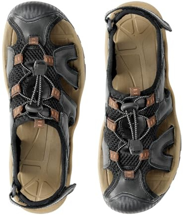 7STROBBS Men Closed Toe Covered Walking Sandals, Real Leather Sports Outdoor Sandal with Adjustable Strap for Summer, Holidays, Beach, Boating, Towns, Black UK 11