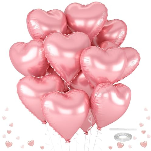 12 Pcs Heart Balloons, 18 inch Pink Heart Shaped Balloons, Big Helium Balloon,Love Foil Balloon for Wedding Baby Shower Anniversary Backdrop Valentine Party Decoration