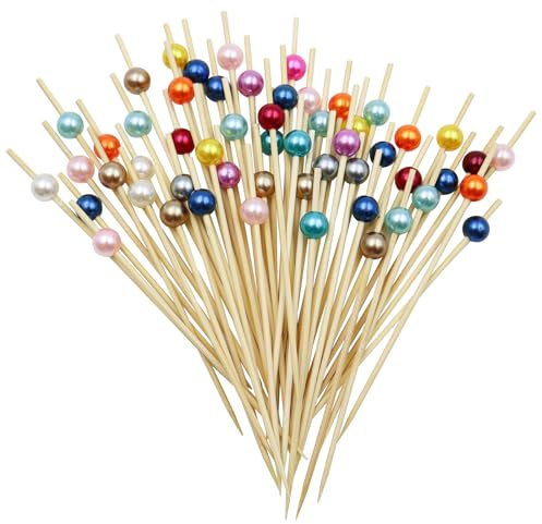 200 palillos de cóctel de madera de 12 cm, multicolor, con perlas acrílicas, para tartas, frutas, cócteles, bebidas, caramelos, bares, fiestas